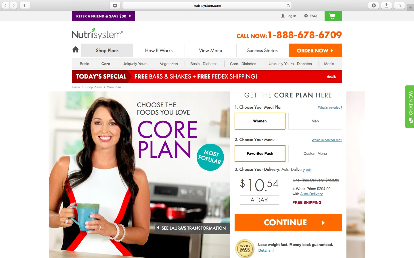 Nutrisystem Core Plan page with Most Popular badge and step-by-step order panel showing pricing and Continue button