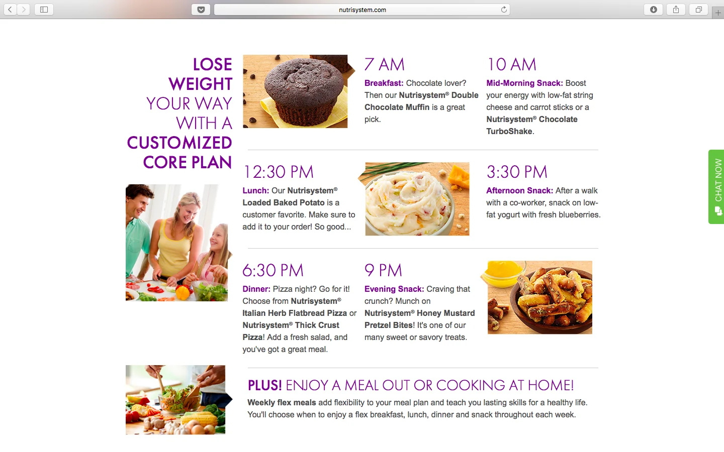 Nutrisystem Core Plan page showing a sample daily meal schedule, unrelated to this post's funnel topic