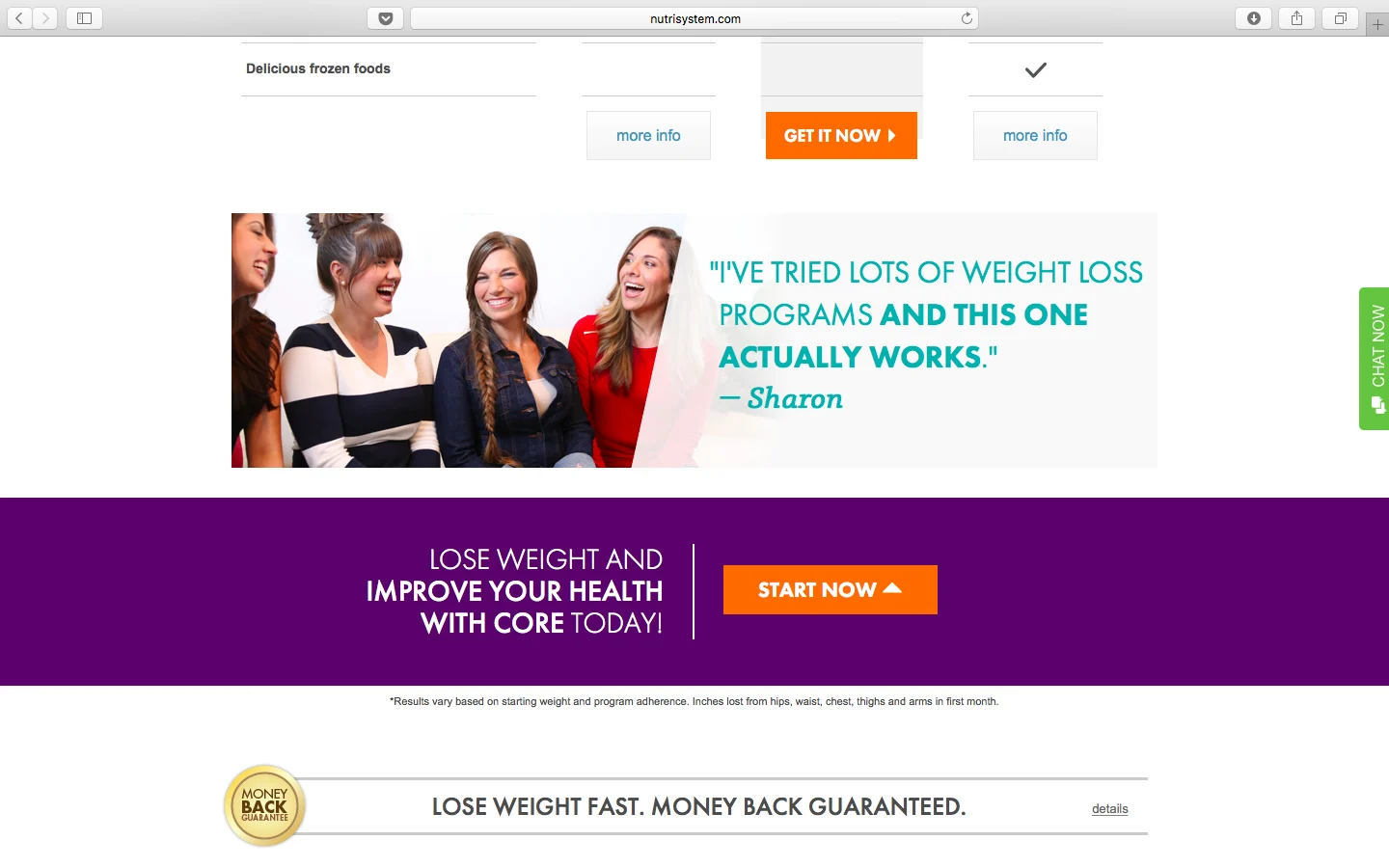 Nutrisystem funnel page with comparison table, Sharon testimonial, "START NOW" CTA, and money-back guarantee badge