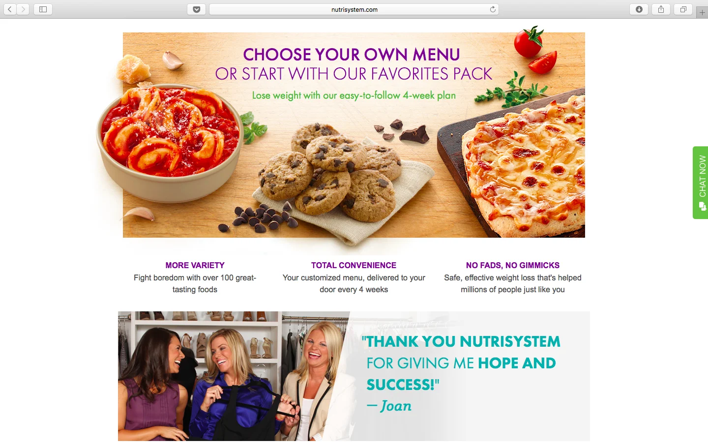 Nutrisystem landing page with food photos, three value props, and a customer testimonial from Joan