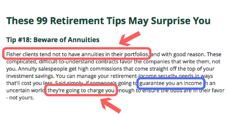 Screenshot of "99 Retirement Tips" article, Tip #18 on annuities, with red and blue annotations marking persuasive phrases