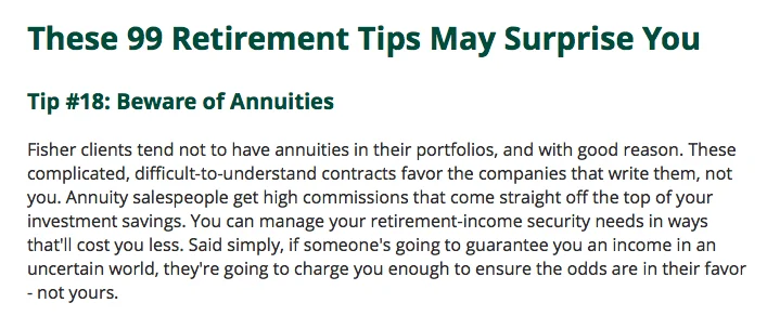 Screenshot of "99 Retirement Tips" content, Tip #18 warning readers to beware of annuities