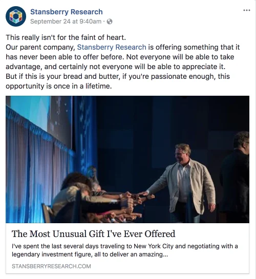 Stansberry Research Facebook post teasing "The Most Unusual Gift I've Ever Offered" to build anticipation
