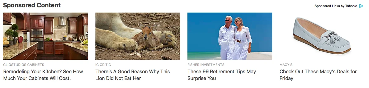 Taboola native ad widget showing four sponsored content tiles from CliqStudios, IG Critic, Fisher Investments, and Macy's