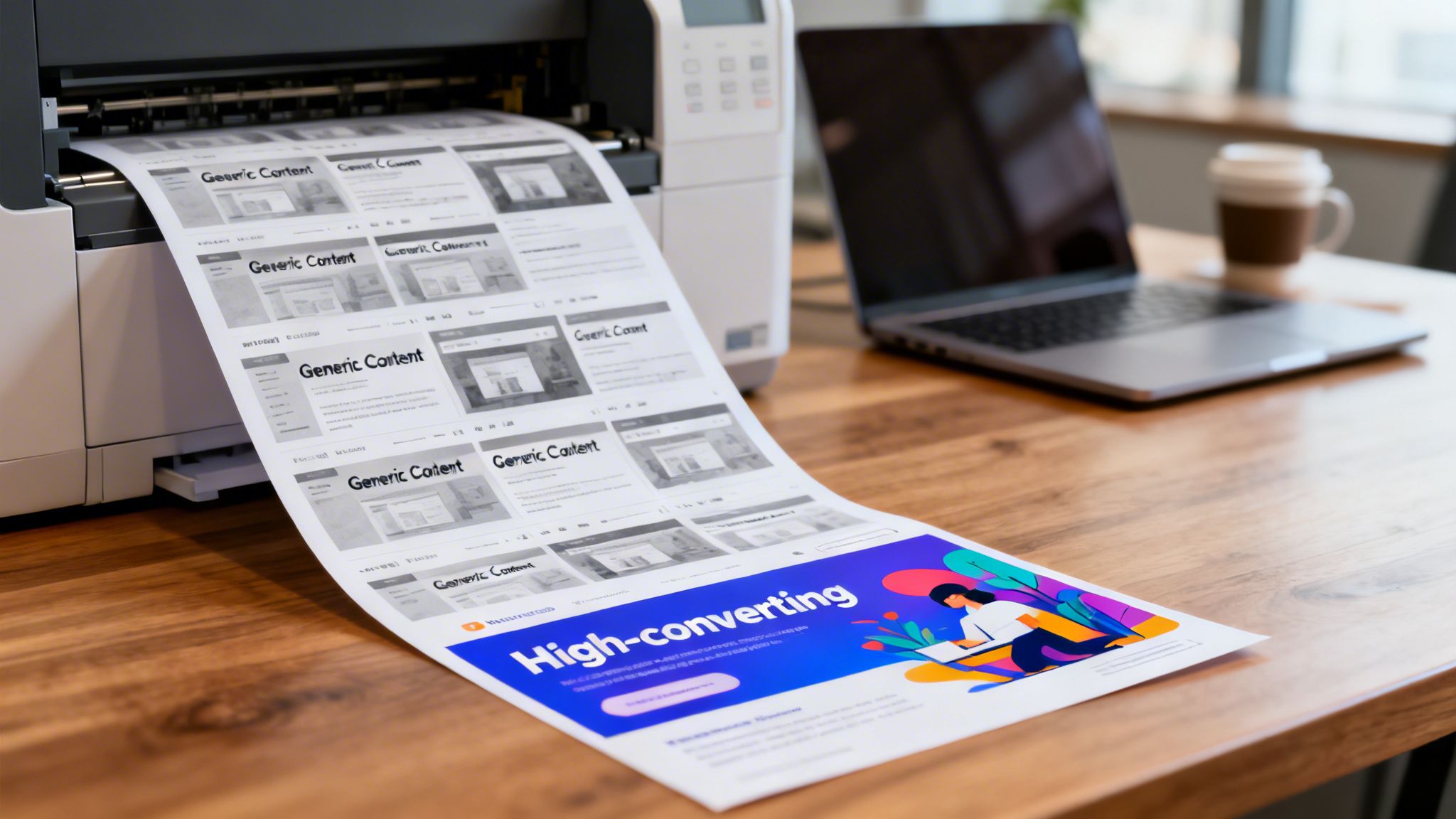 A printer printing web page mockups labeled 'Generic Content' and a 'High-converting' marketing design.