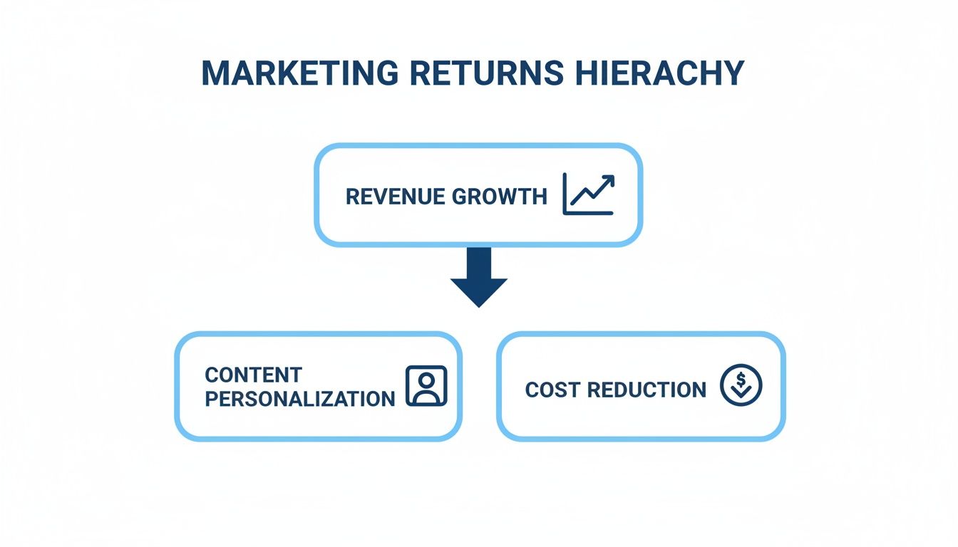 Marketing returns hierarchy diagram showing revenue growth leading to content personalization and cost reduction.