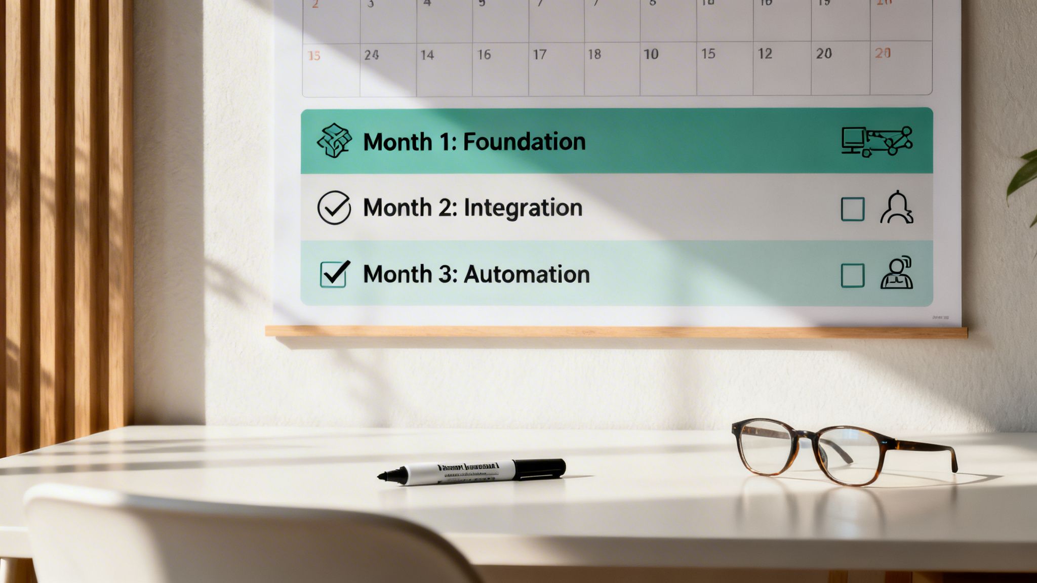 A three-month project plan on a calendar, displaying tasks like Foundation, Integration, and Automation, with items checked.