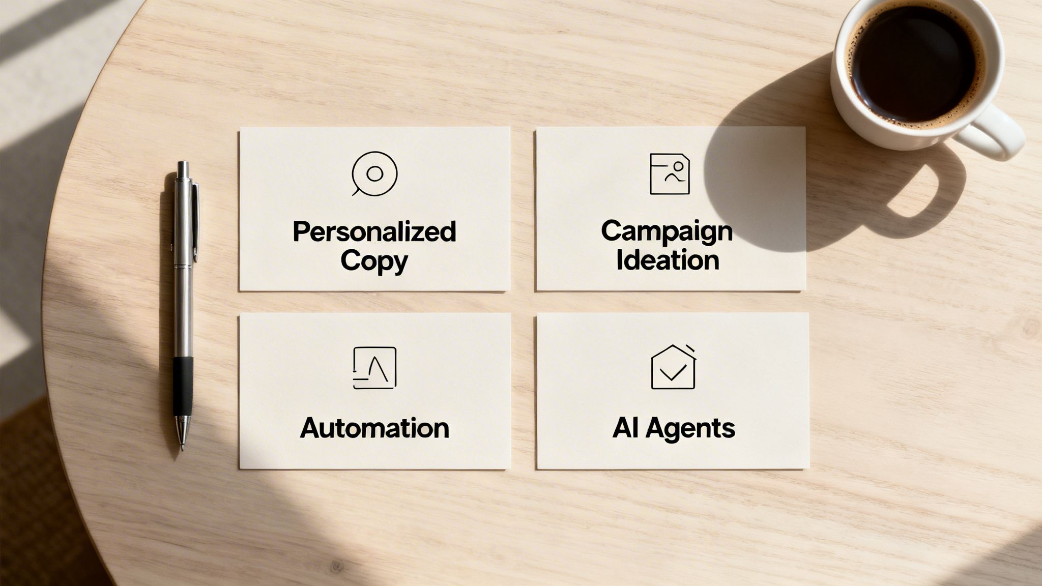 Four cards on a wooden table display marketing concepts like Personalized Copy and AI Agents.