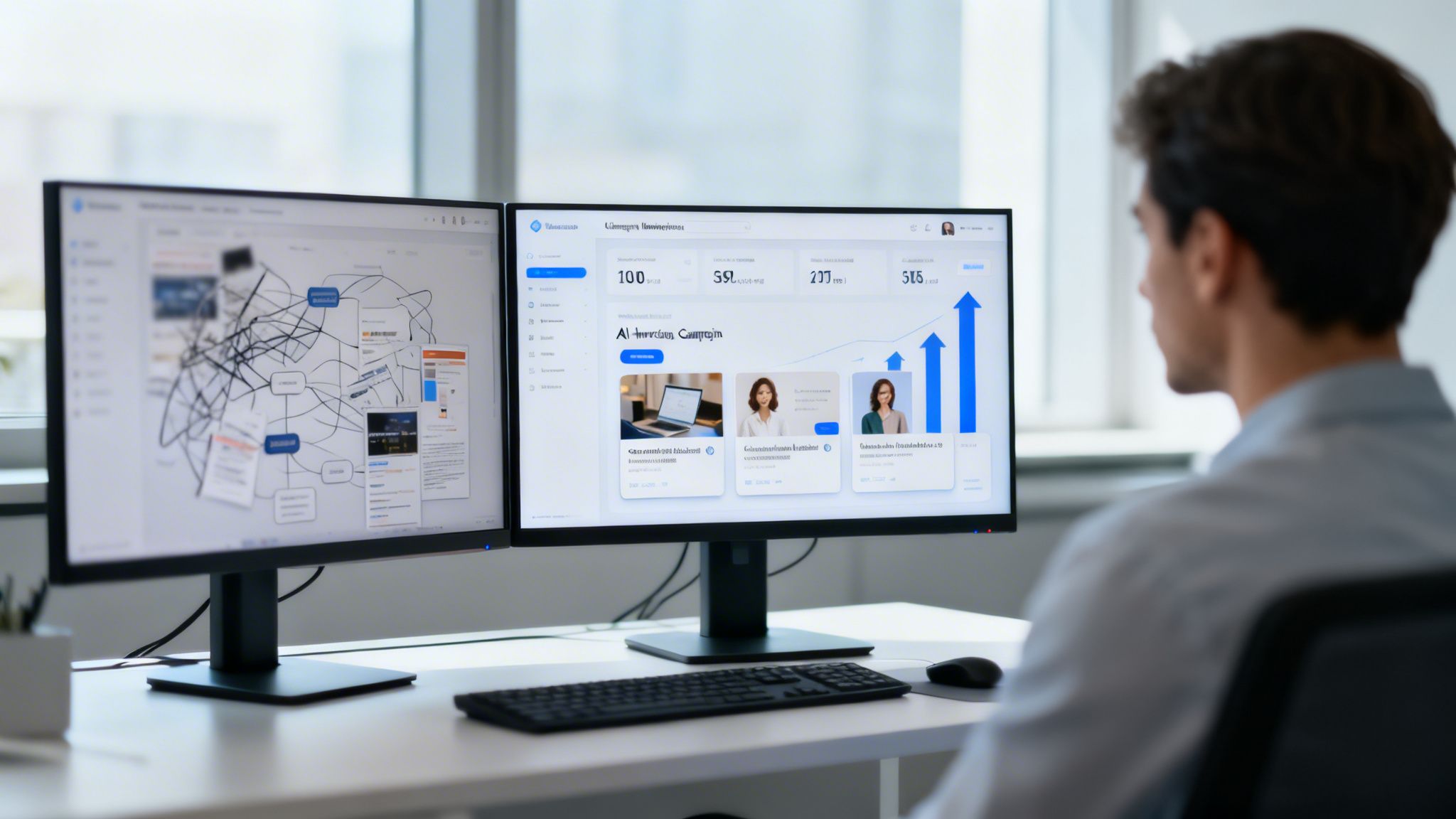 A man views two computer monitors displaying AI marketing campaign data and a complex network diagram.