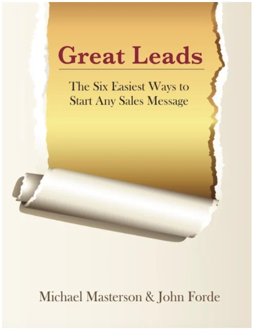 Book cover of "Great Leads" by Michael Masterson & John Forde, gold torn-paper design with dark red title text