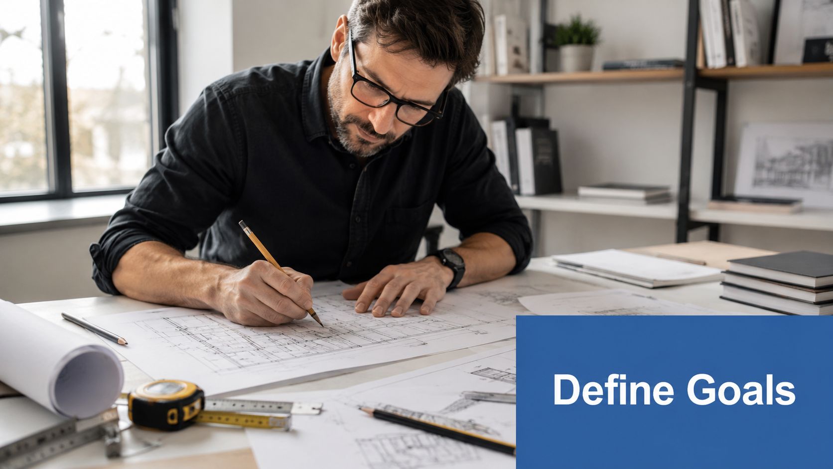 A professional architect with glasses working on blueprints at a desk with measuring tools and pencils.