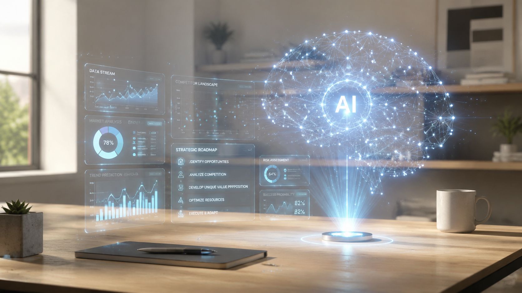 A conceptual holographic AI brain projection displaying data analytics and business strategy on a wooden desk.