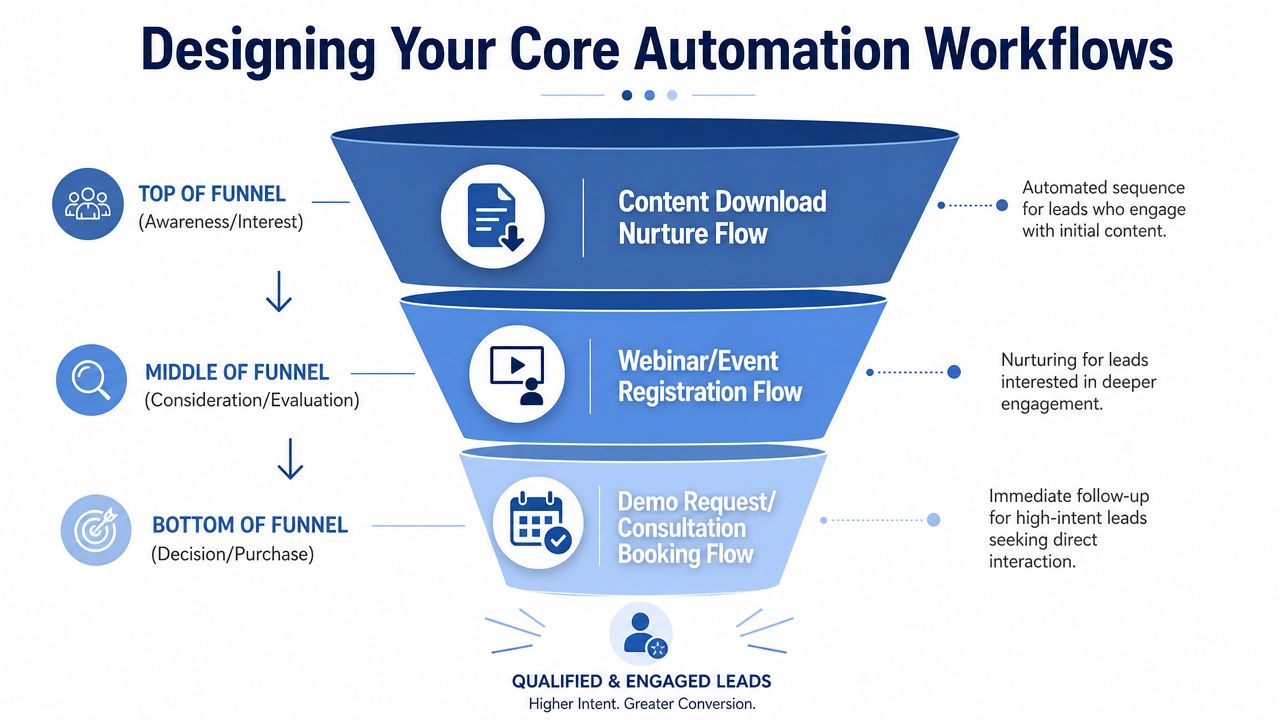 A funnel diagram illustrating core automation workflows for lead generation, from awareness to decision and purchase.