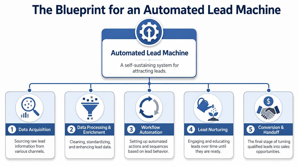 A diagram illustrating the five key stages of building an automated lead generation machine for businesses.