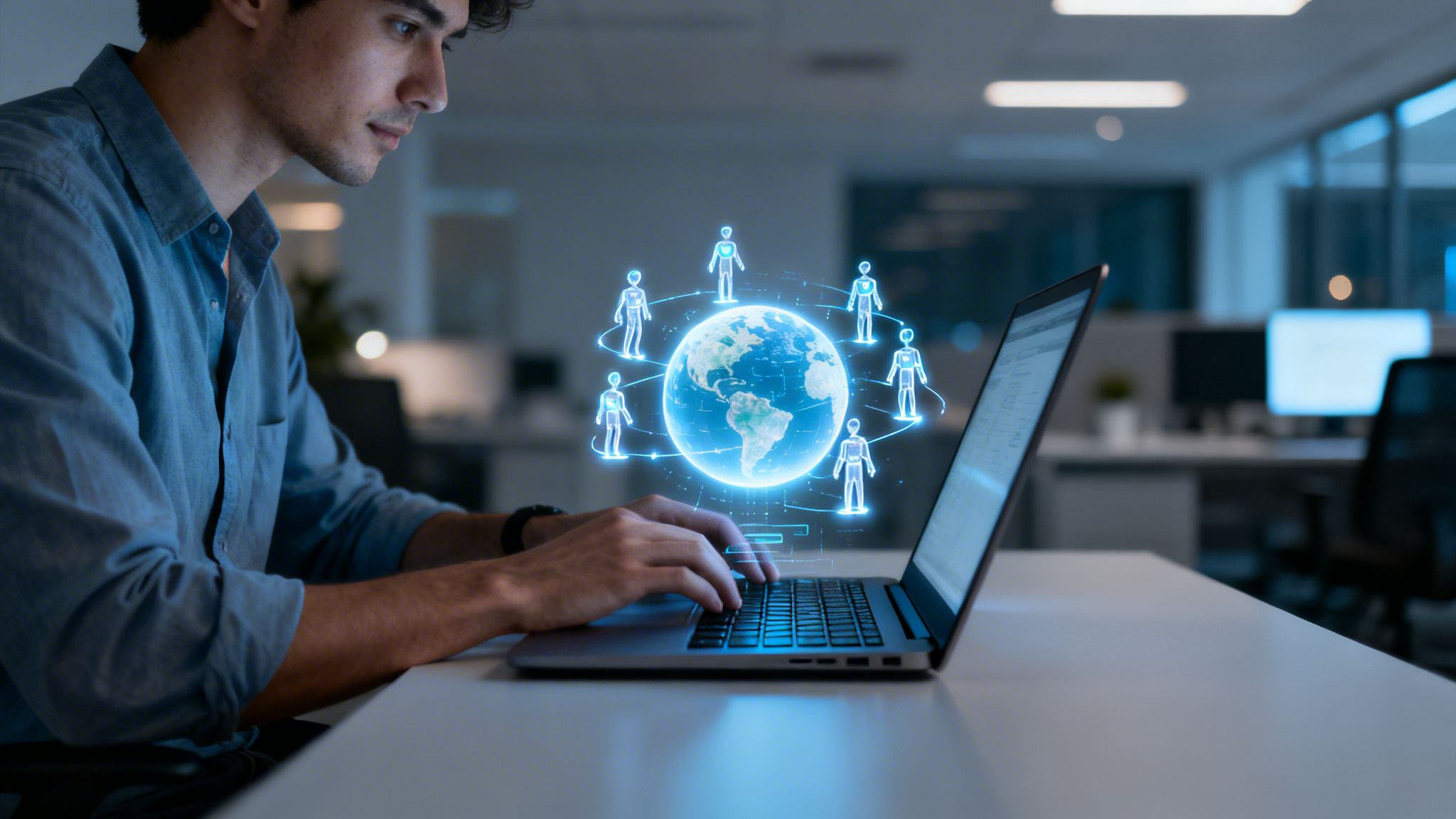 A man types on a laptop, engaging with a holographic global network of interconnected people.