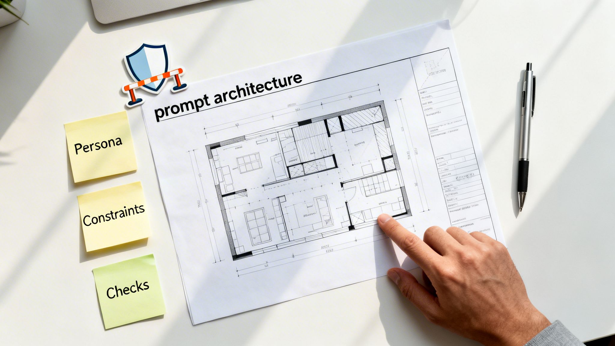A hand points at a 'prompt architecture' blueprint, surrounded by sticky notes and a shield icon.