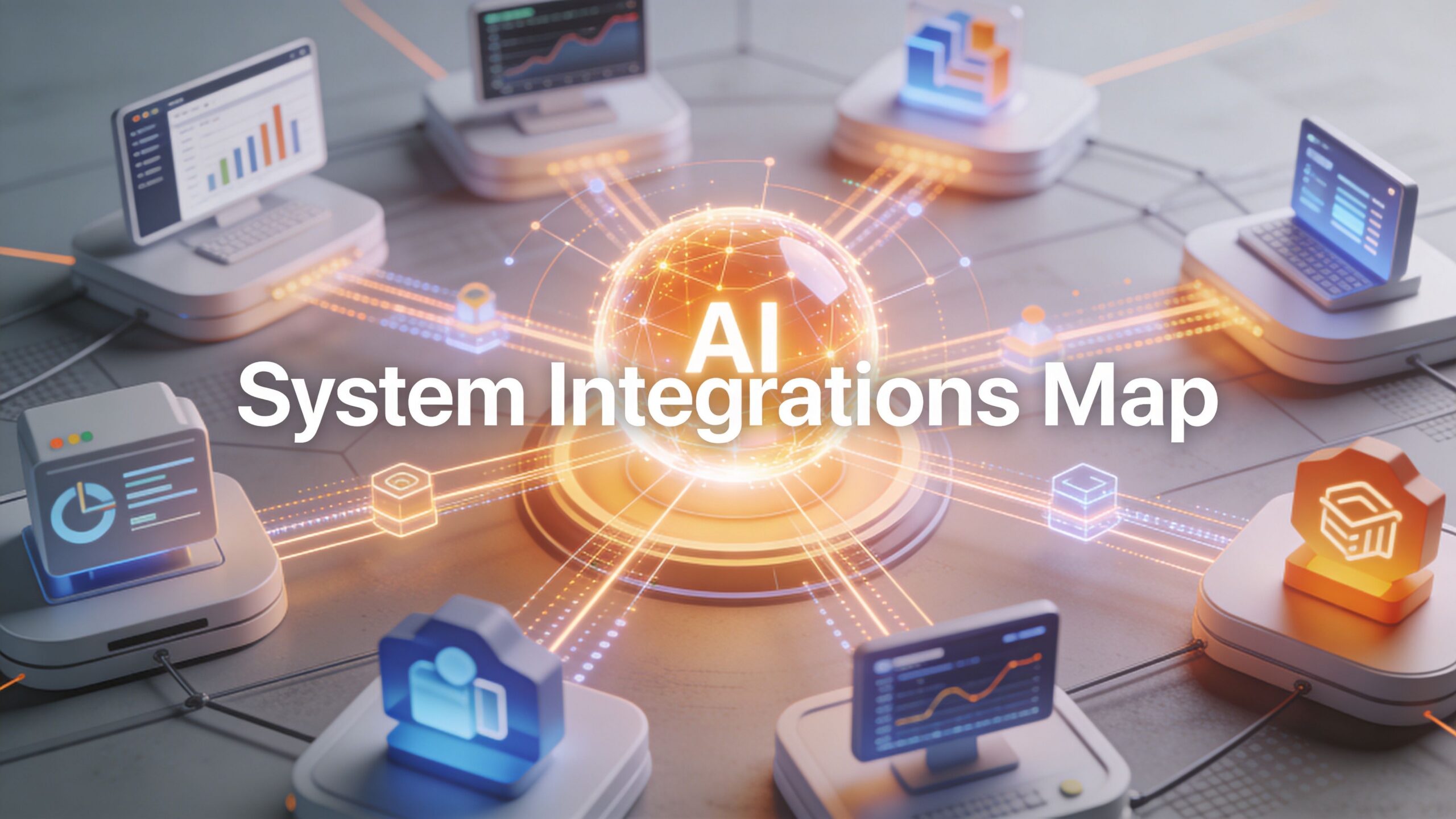 A digital graphic depicting an AI system integrations map with interconnected computer terminals and data nodes.