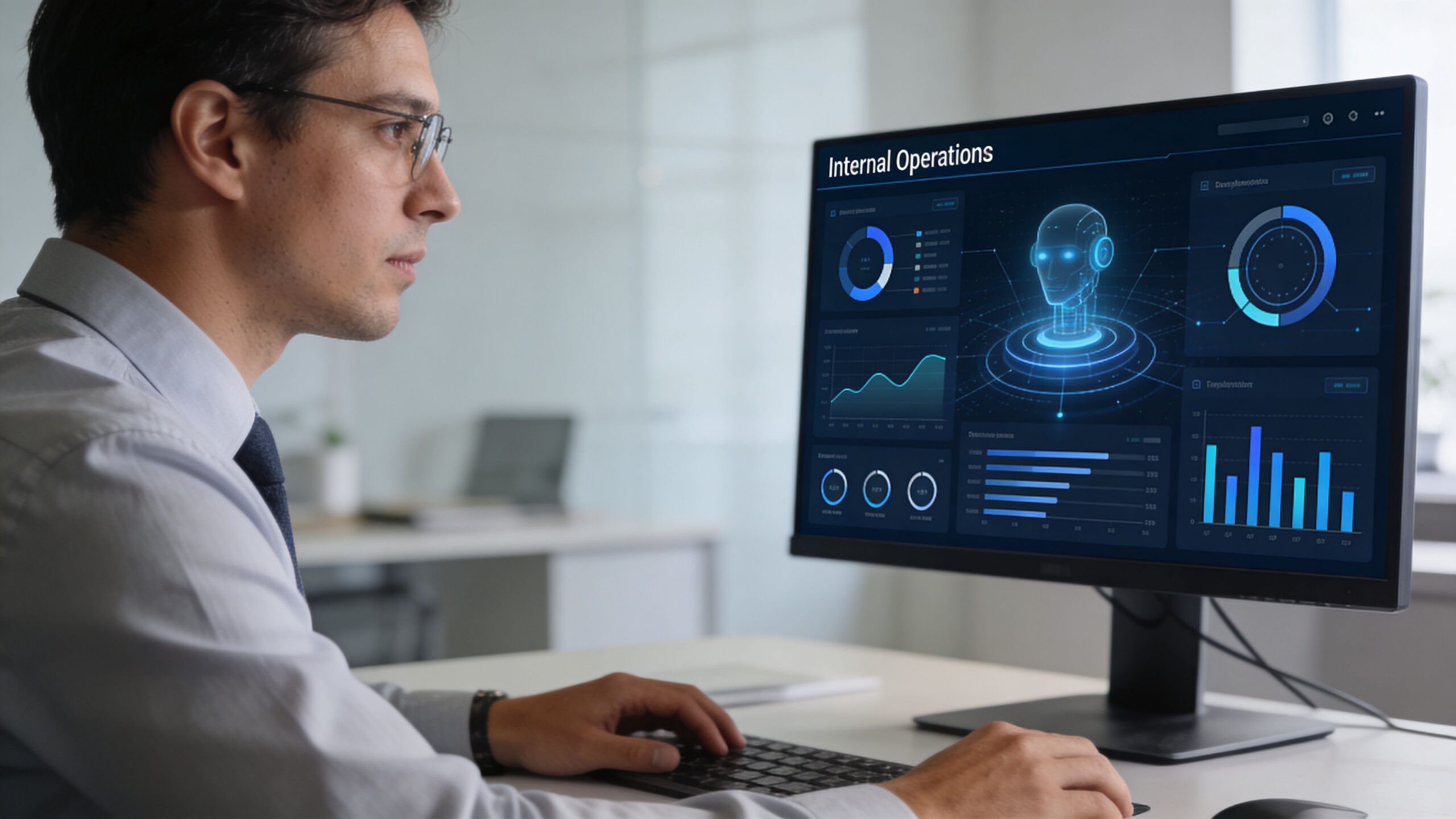 A professional man in a dress shirt working on a computer screen displaying complex AI monitoring dashboards.