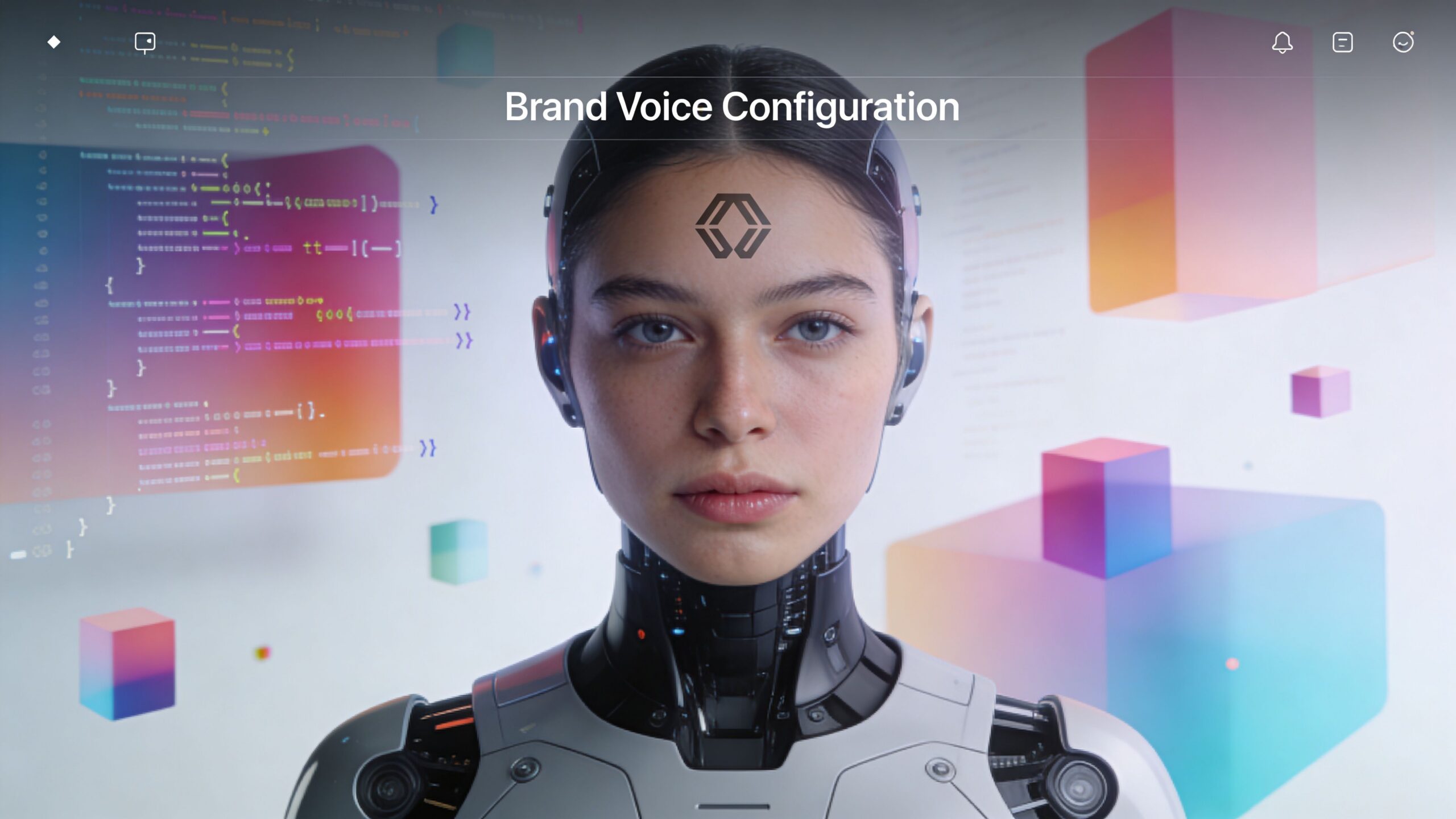 A close-up portrait of a humanoid female robot with code overlays and colorful geometric shapes in background.