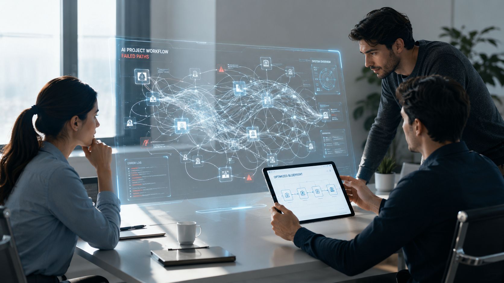 A professional team collaborating on an AI project using holographic data visualization and a tablet in an office.