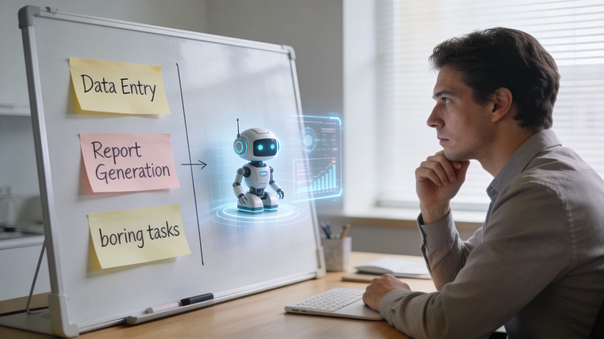 A man looks thoughtfully at a whiteboard showing tasks automated by a digital AI robot assistant.
