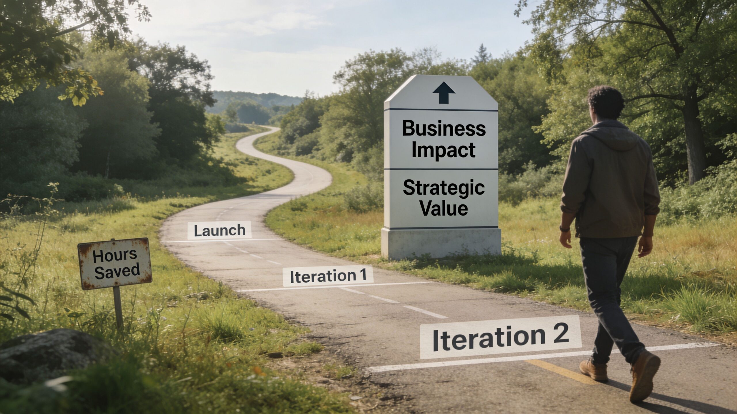 A person walks along a winding path representing a journey from launch toward business impact and value.