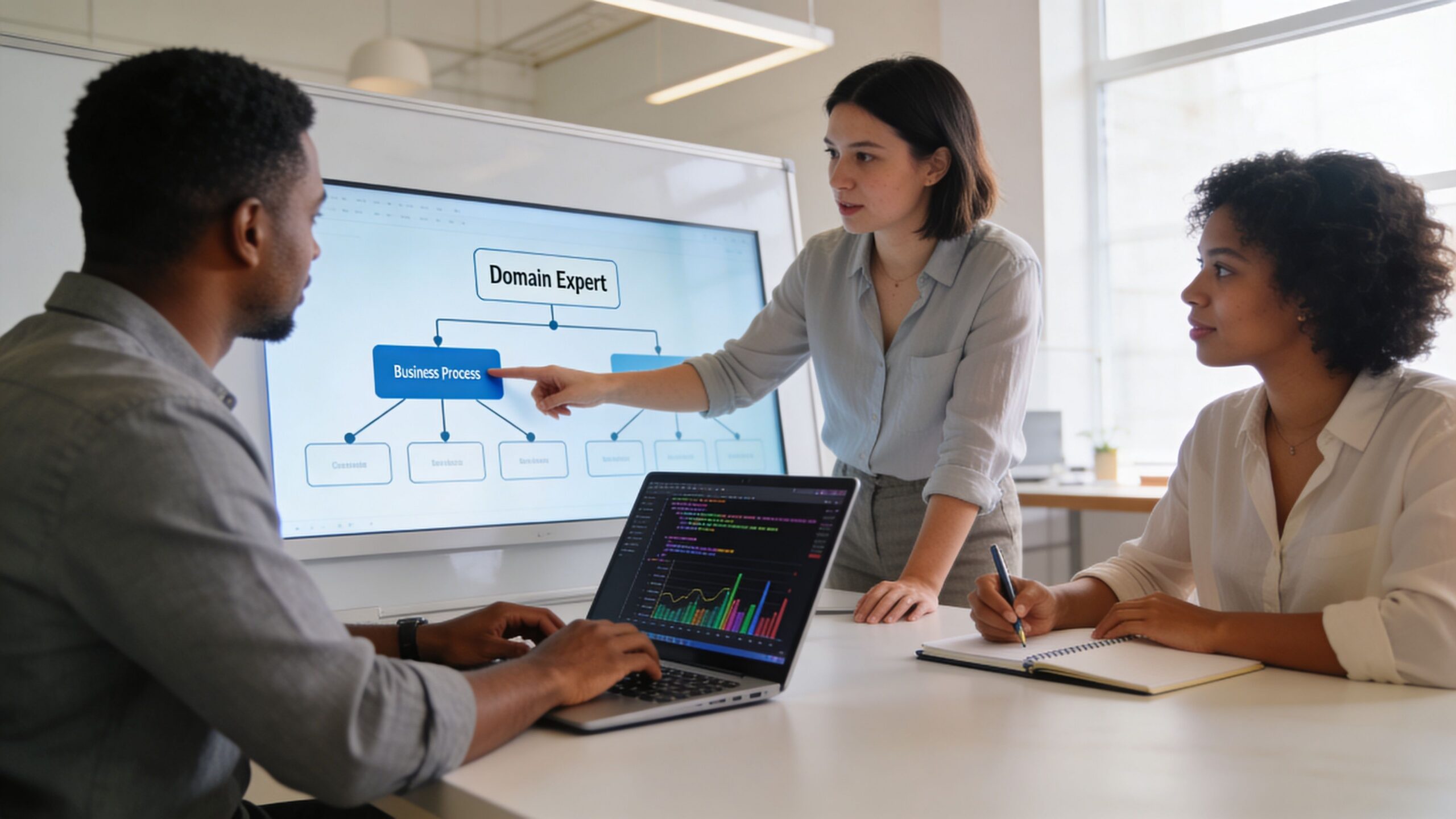 A professional team collaborating on an AI agent development strategy in a bright modern office setting.