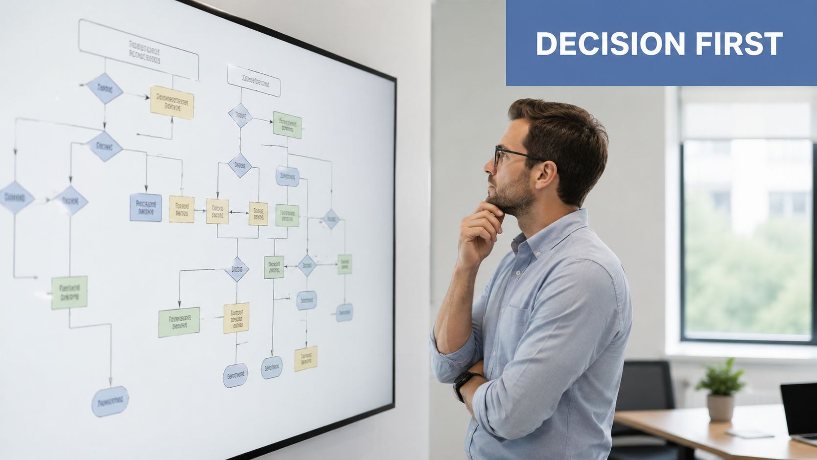 A professional man contemplating a complex flowchart displayed on a large screen in a modern office.