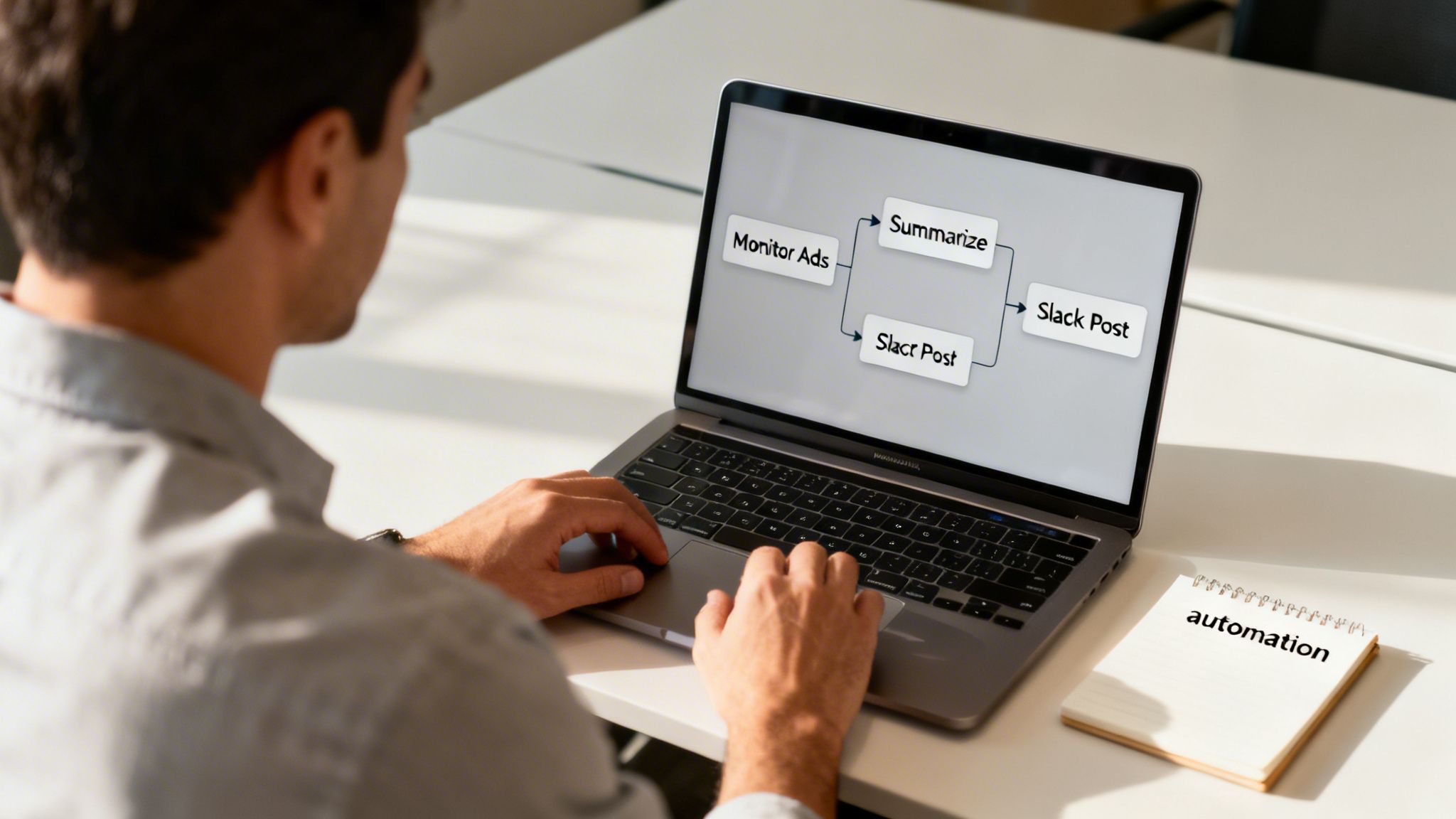 Person on laptop screen showing a marketing automation workflow, with a notepad labeled 'automation'.