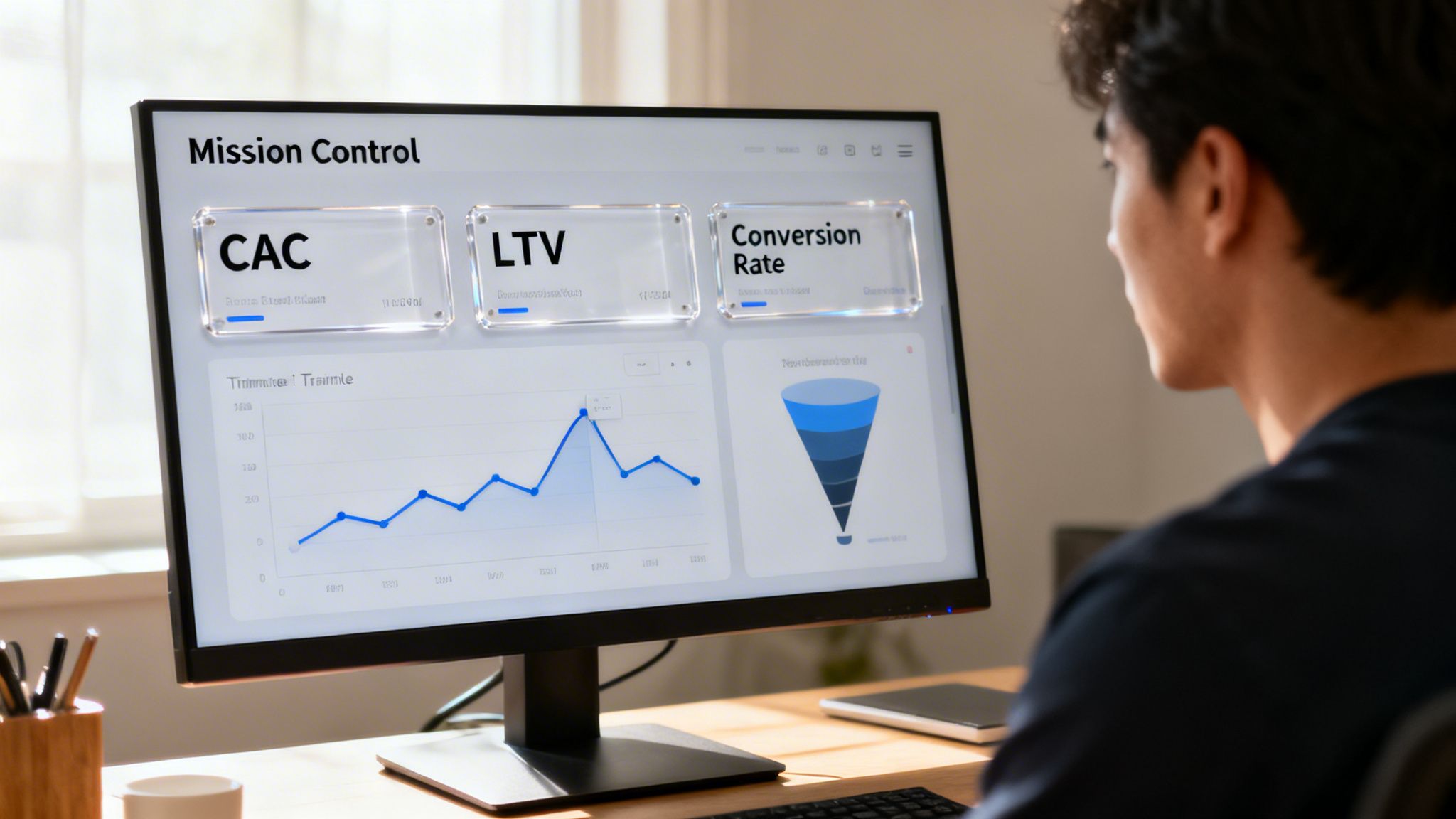A man analyzes a marketing dashboard on a computer screen, reviewing key performance indicators like CAC, LTV, and conversion rate.