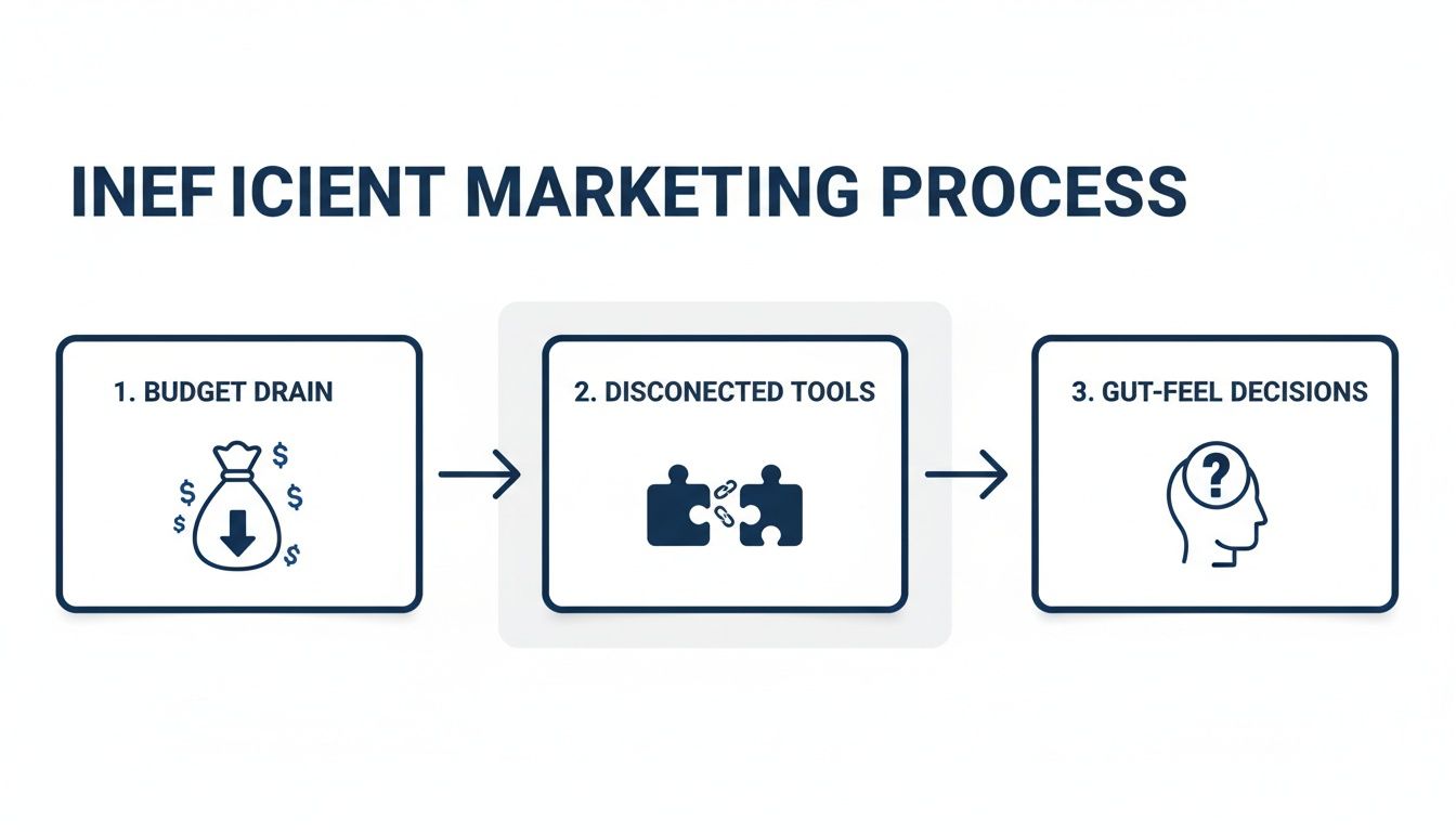 Diagram illustrating an inefficient marketing process with budget drain, disconnected tools, and gut-feel decisions.