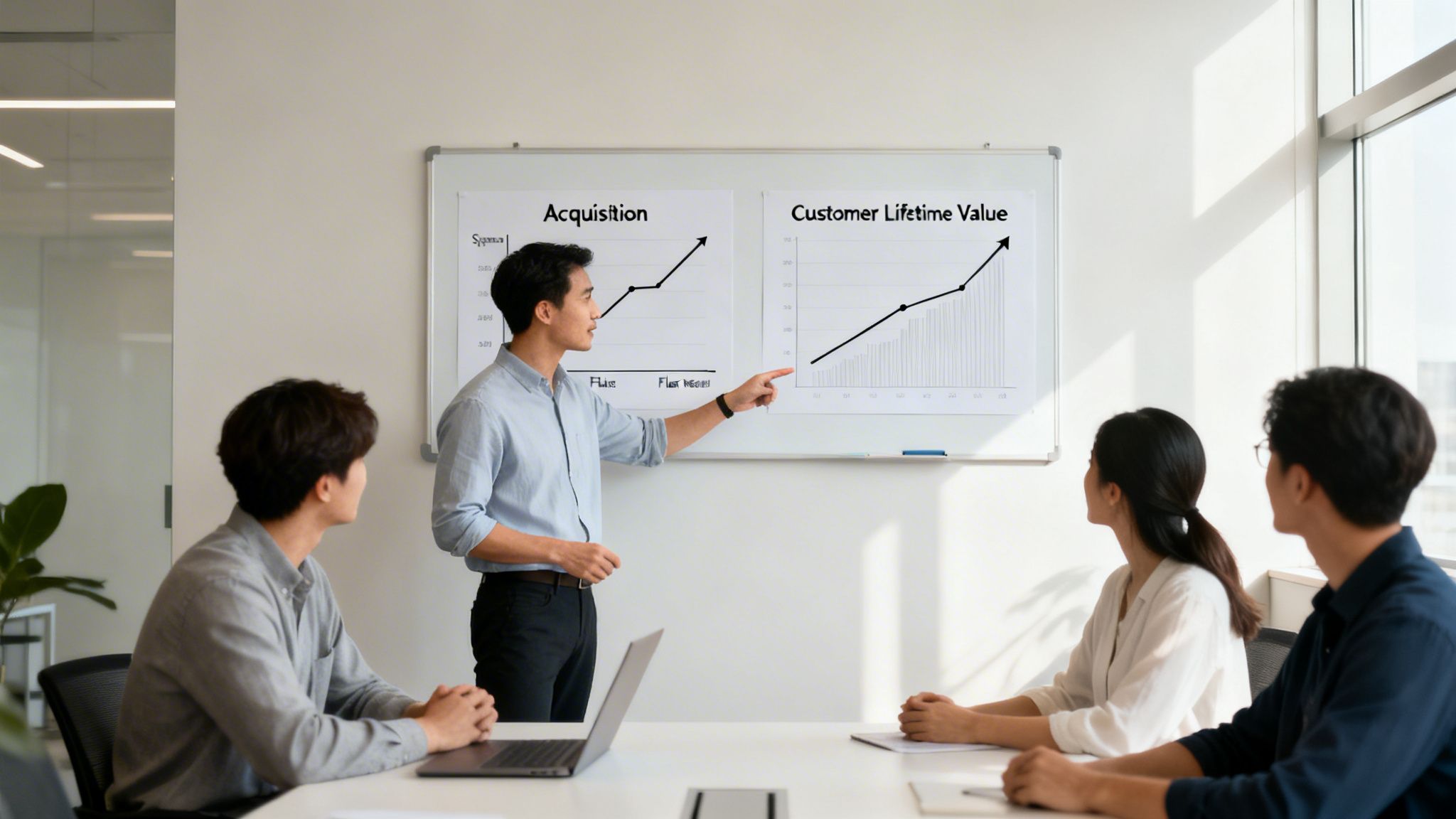 An Asian man presents acquisition and customer lifetime value graphs to colleagues in a modern office meeting.