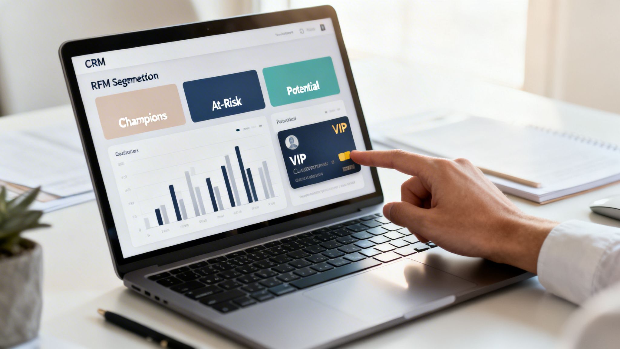 A hand interacts with a laptop displaying a CRM dashboard showing customer RFM segmentation and a VIP card.