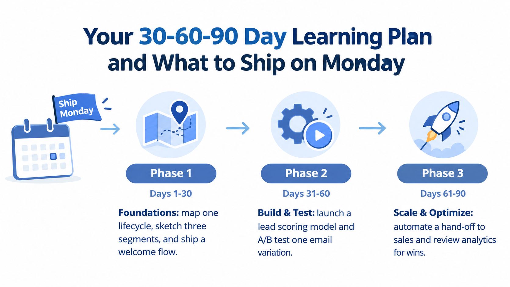 A 30-60-90 day marketing plan infographic outlining steps for foundations, building, testing, and scaling marketing automation strategies.