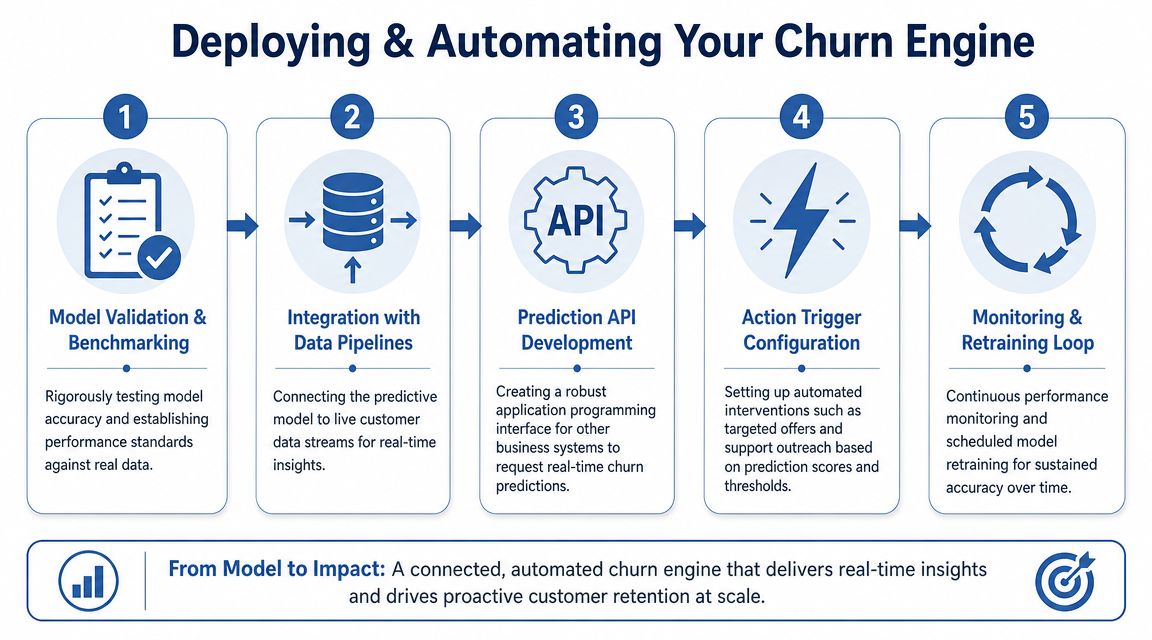 A five-step flowchart illustrating the process of deploying and automating a machine learning churn engine.