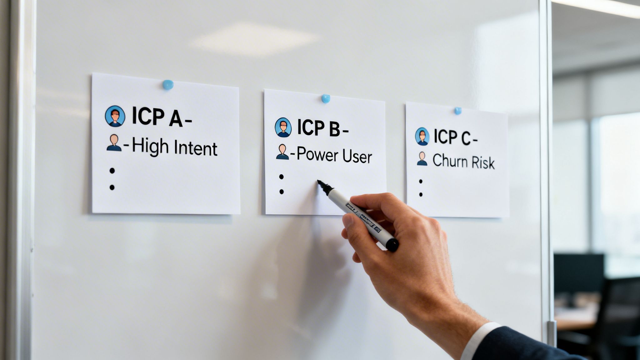 Hand with marker pointing at Ideal Customer Profile (ICP) notes on a whiteboard, showing different customer segments.