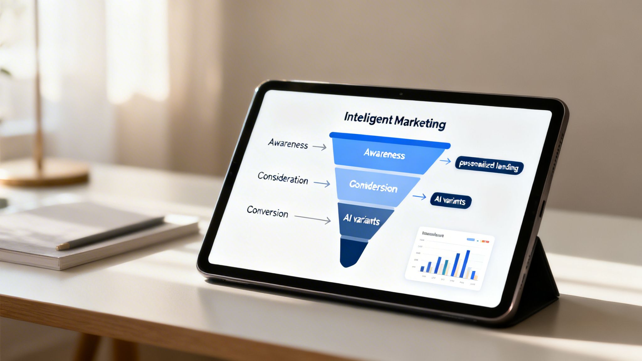 Tablet displaying an intelligent marketing funnel diagram with awareness, consideration, and conversion stages.