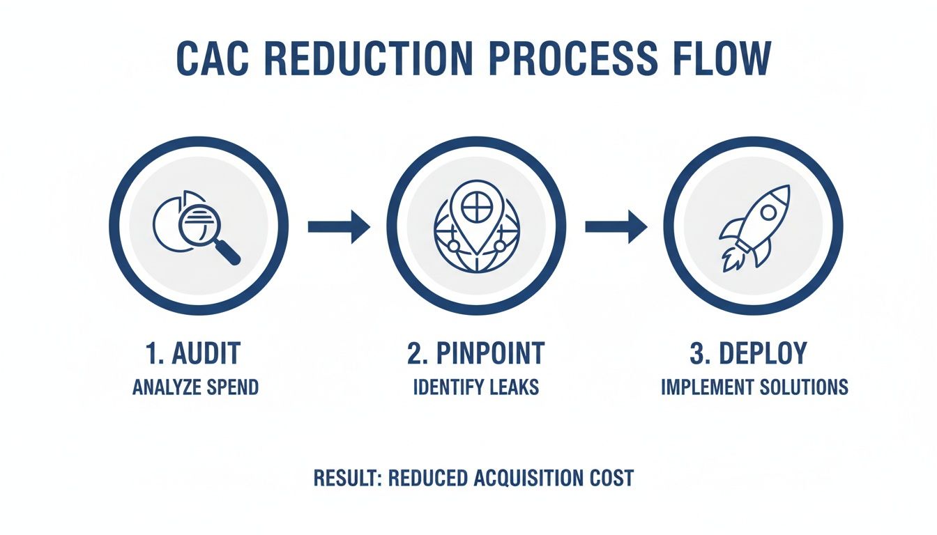 A three-step process flow illustrating CAC reduction: Audit, Pinpoint, and Deploy for reduced acquisition costs.