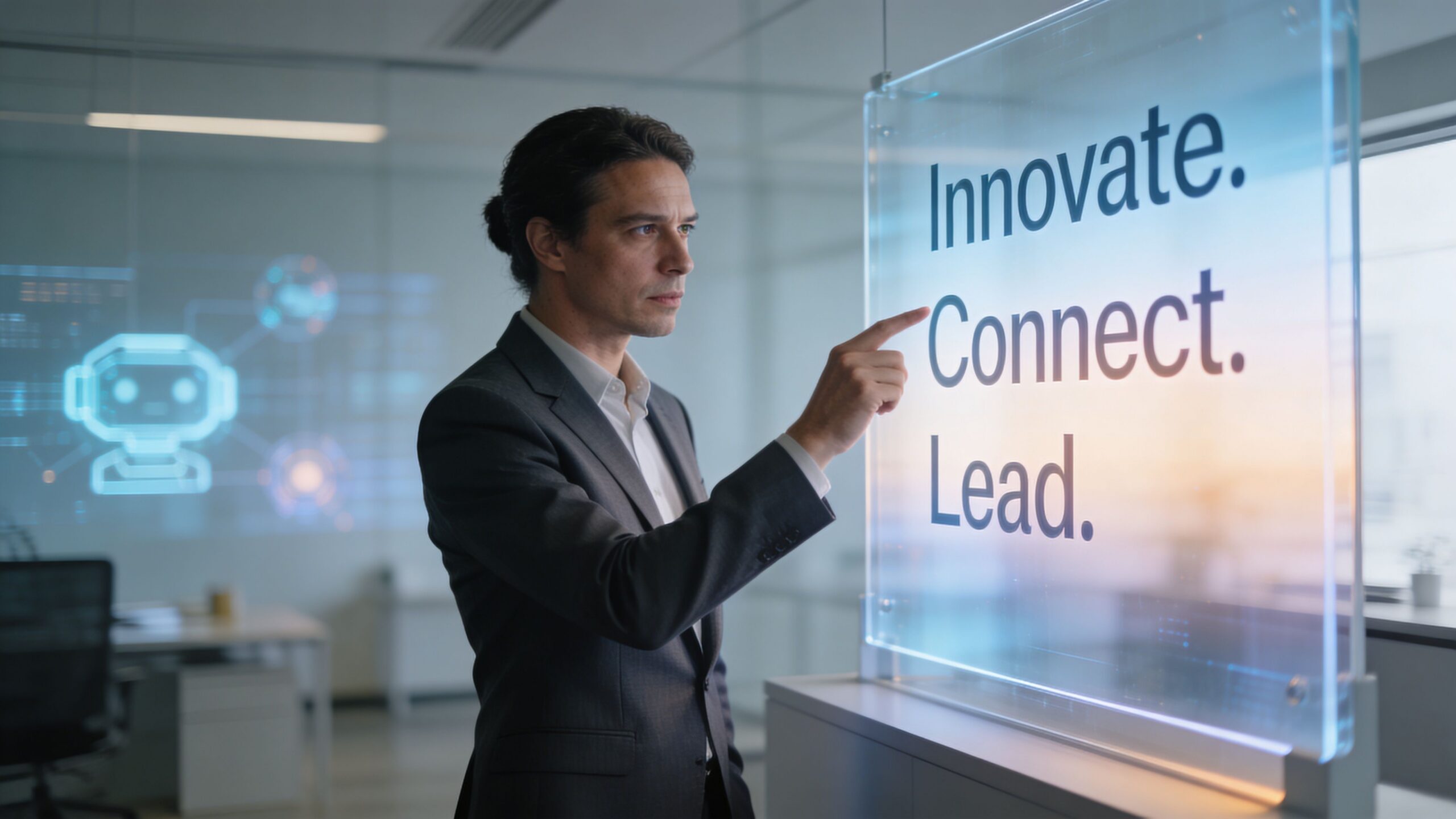 A professional man in a suit interacting with a futuristic glass display showing technology concepts and data.