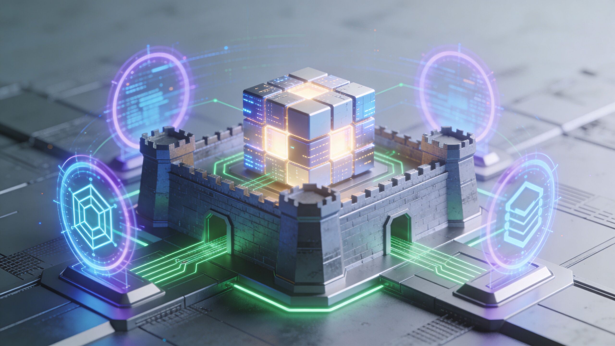 A glowing digital cube protected by a stone fortress with holographic data displays on a platform.