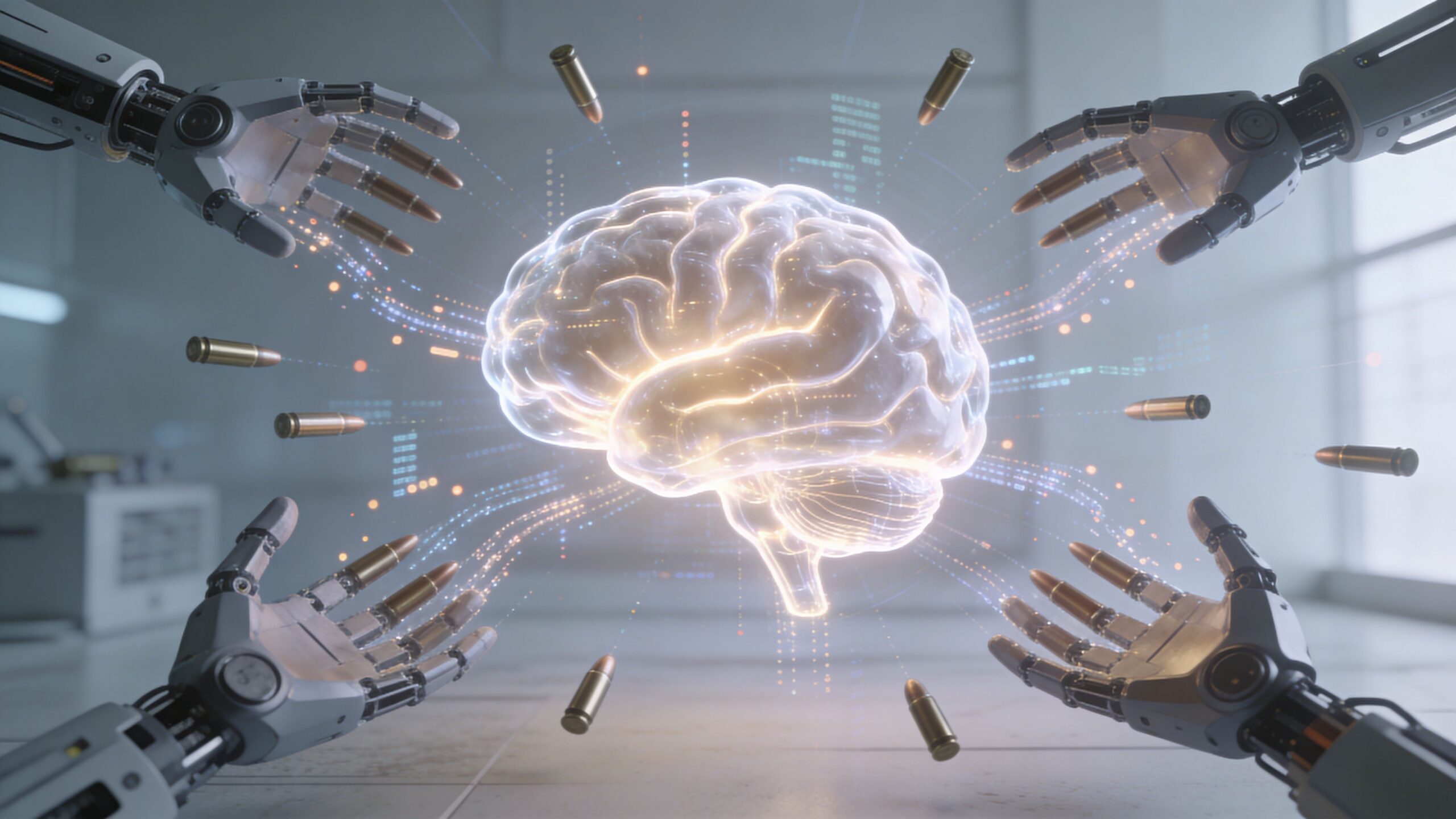 Four robotic hands surround a glowing digital human brain model surrounded by floating ammunition cartridges.