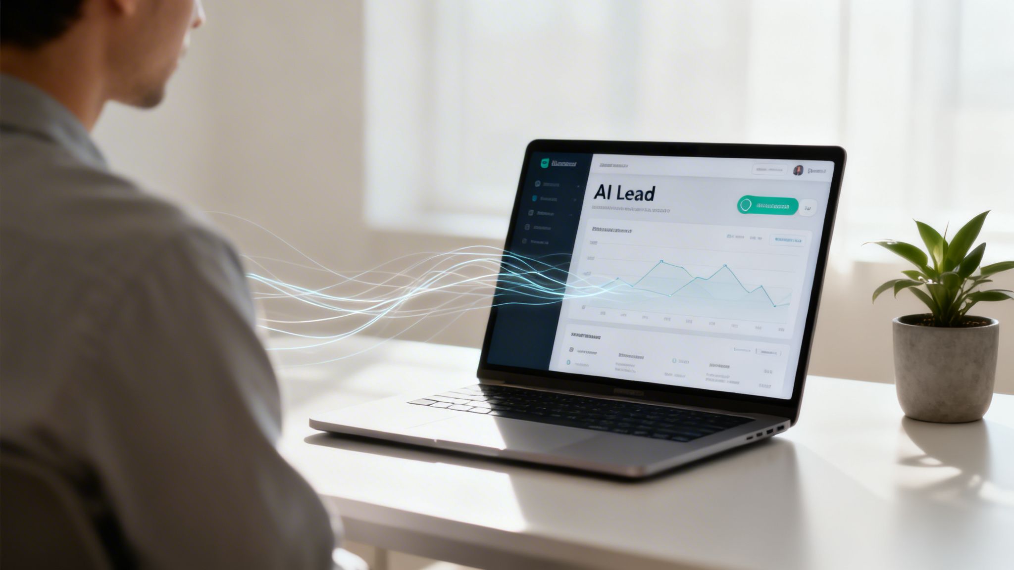 Person viewing a laptop displaying an 'AI Lead' dashboard with a graph and data, featuring glowing data streams.