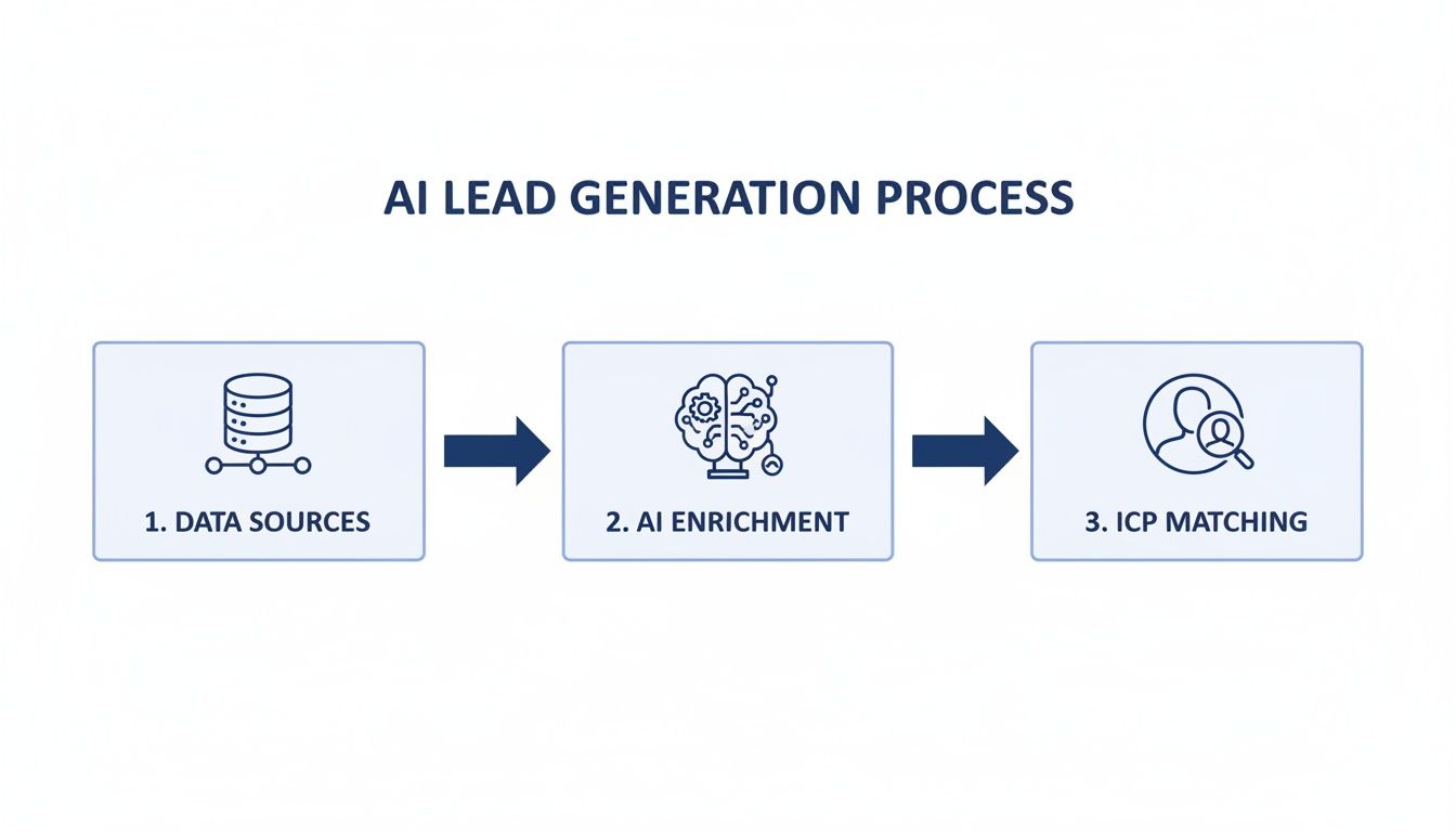 Flowchart showing AI lead generation process steps: data sources, AI enrichment, and ideal customer profile matching.