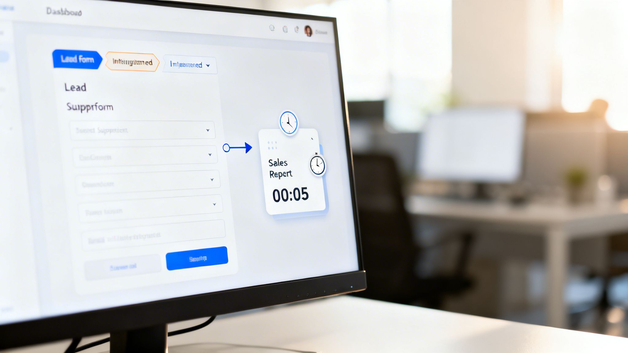 A computer screen displaying a lead form, sales report, and a 00:05 timer in an office.
