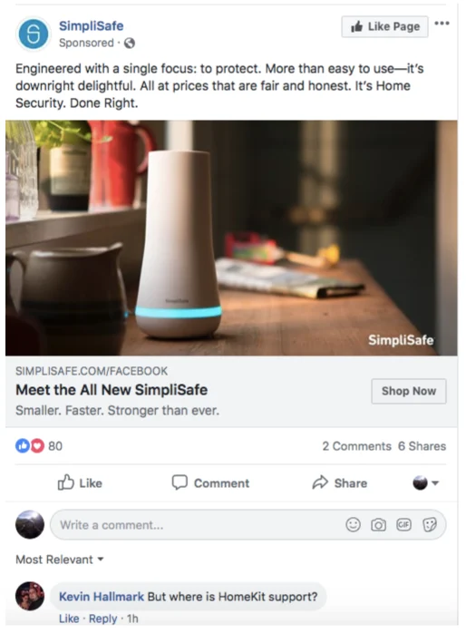 Facebook sponsored ad for SimpliSafe home security, with 80 reactions and a comment asking about HomeKit support