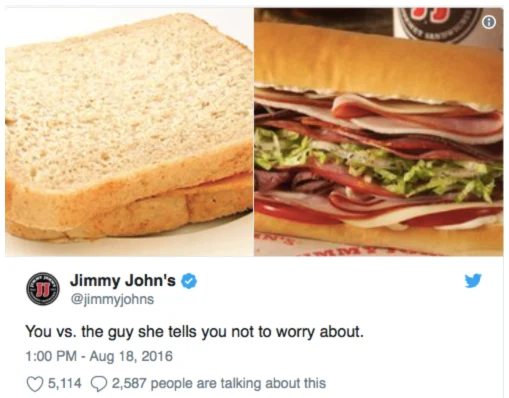 Jimmy John's tweet using "you vs the guy she tells you not to worry about" meme format, with 5,114 likes