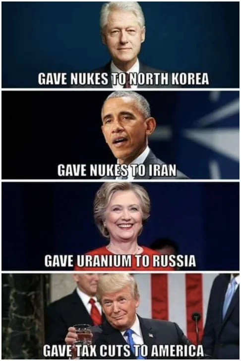 Four-panel meme contrasting Clinton, Obama, and Hillary Clinton's nuke actions with Trump's toast to tax cuts