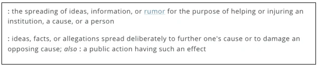 Dictionary definition of "propaganda" showing two senses tied to spreading ideas to help or damage a cause