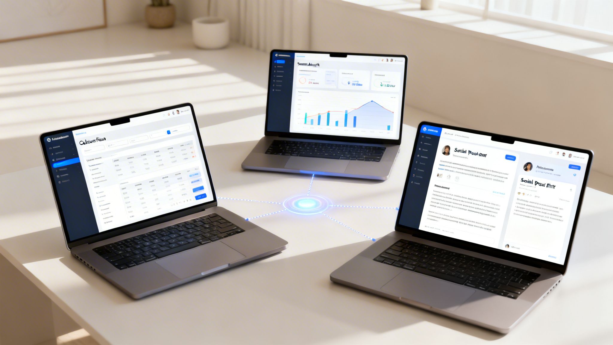 Three interconnected laptops on a white desk showcasing diverse intelligent applications and data networks.