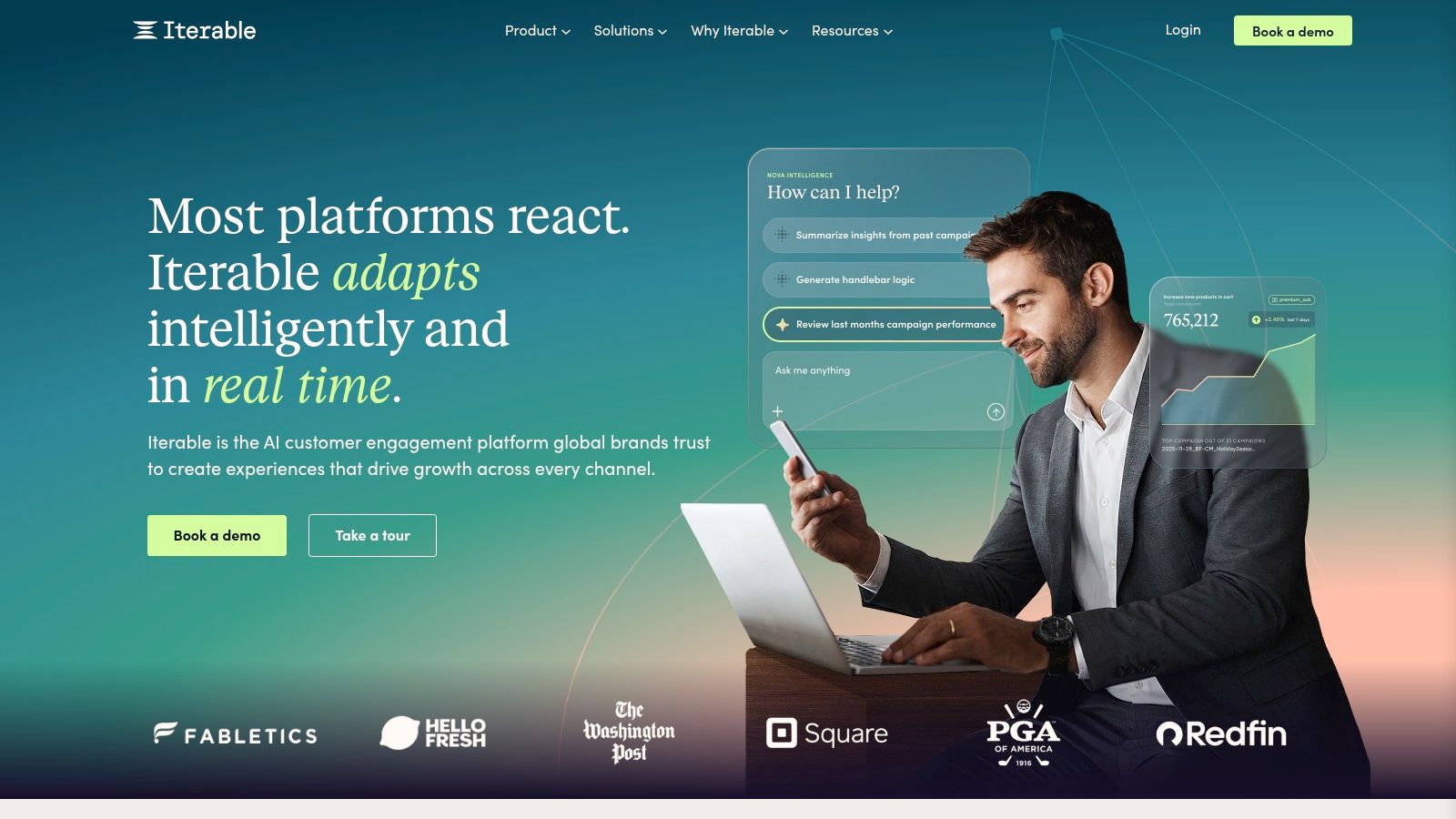 The homepage for Iterable, an AI-powered communication platform, showing its main value proposition and a call to action.
